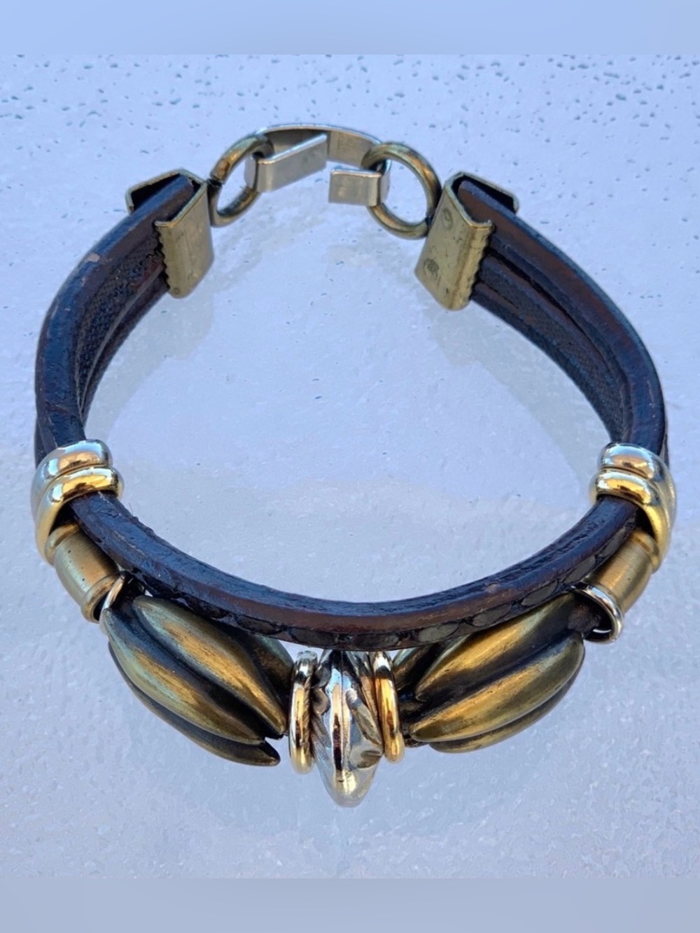 Chocolate Brown Leather and Polished Mixed Metal Bracelet ~ Vintage 80’s